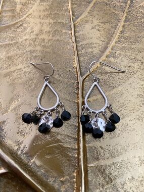 Silver Chandelier French Hook Earrings with Black Fasciate cut Dangling Accents